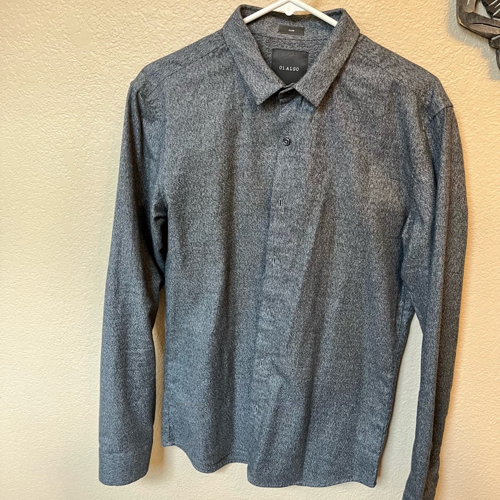 Button up grey shirt, 0.1 Algo brand in size medium slim fit
